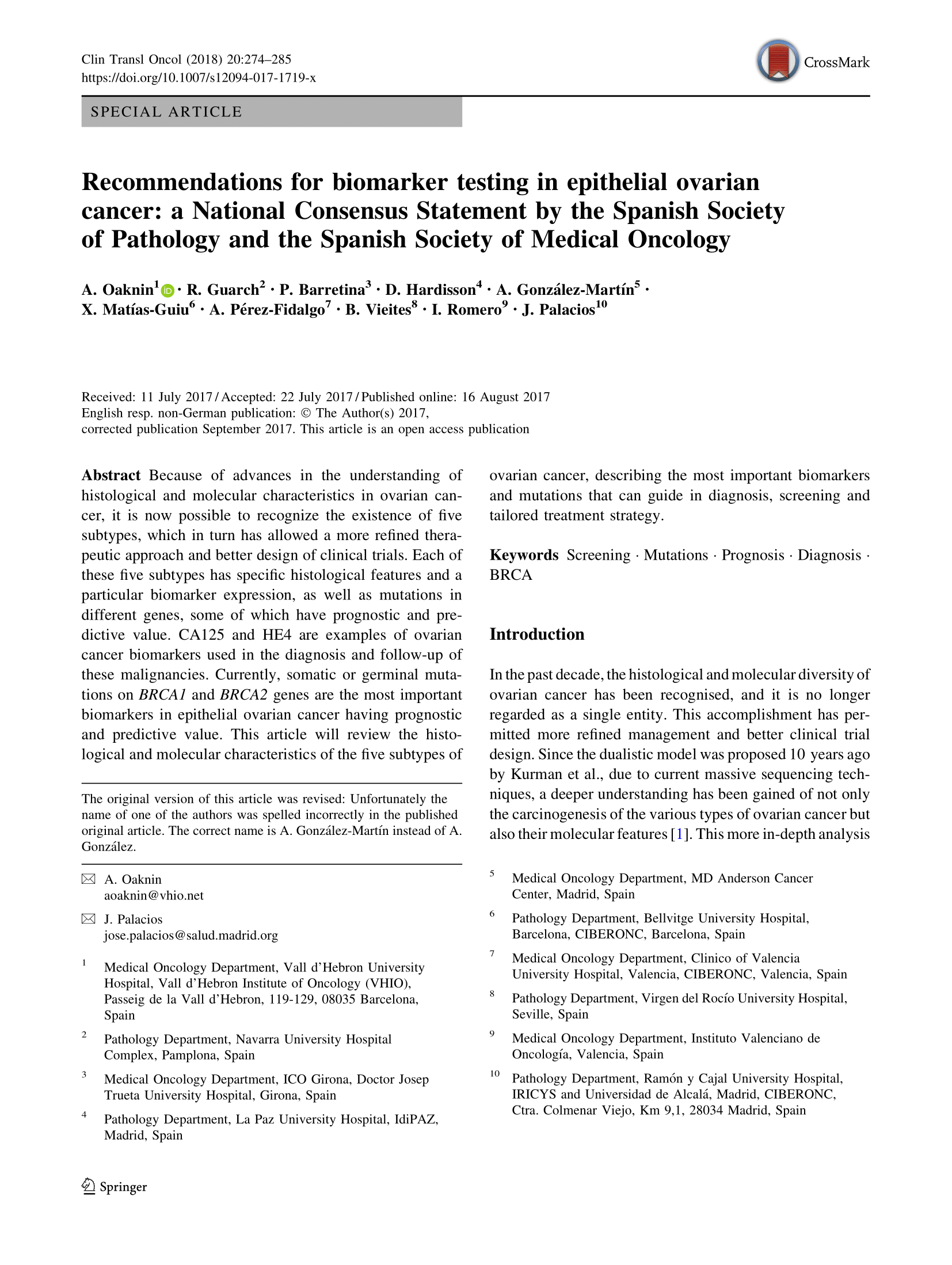 Determinación de biomarcadores en el cáncer de ovario epitelial