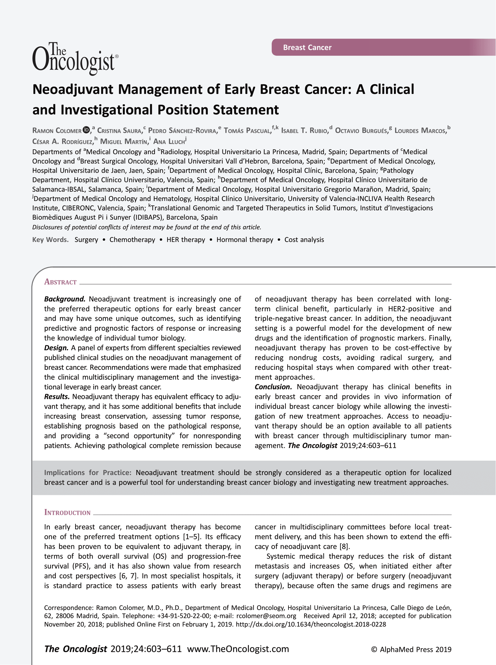 Neoadjuvant treatment of early breast cancer