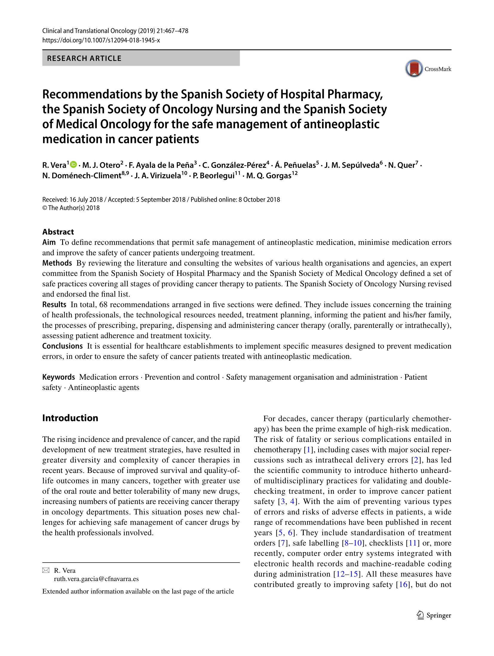 Safe management of the antineoplastic treatments in the patient with cancer