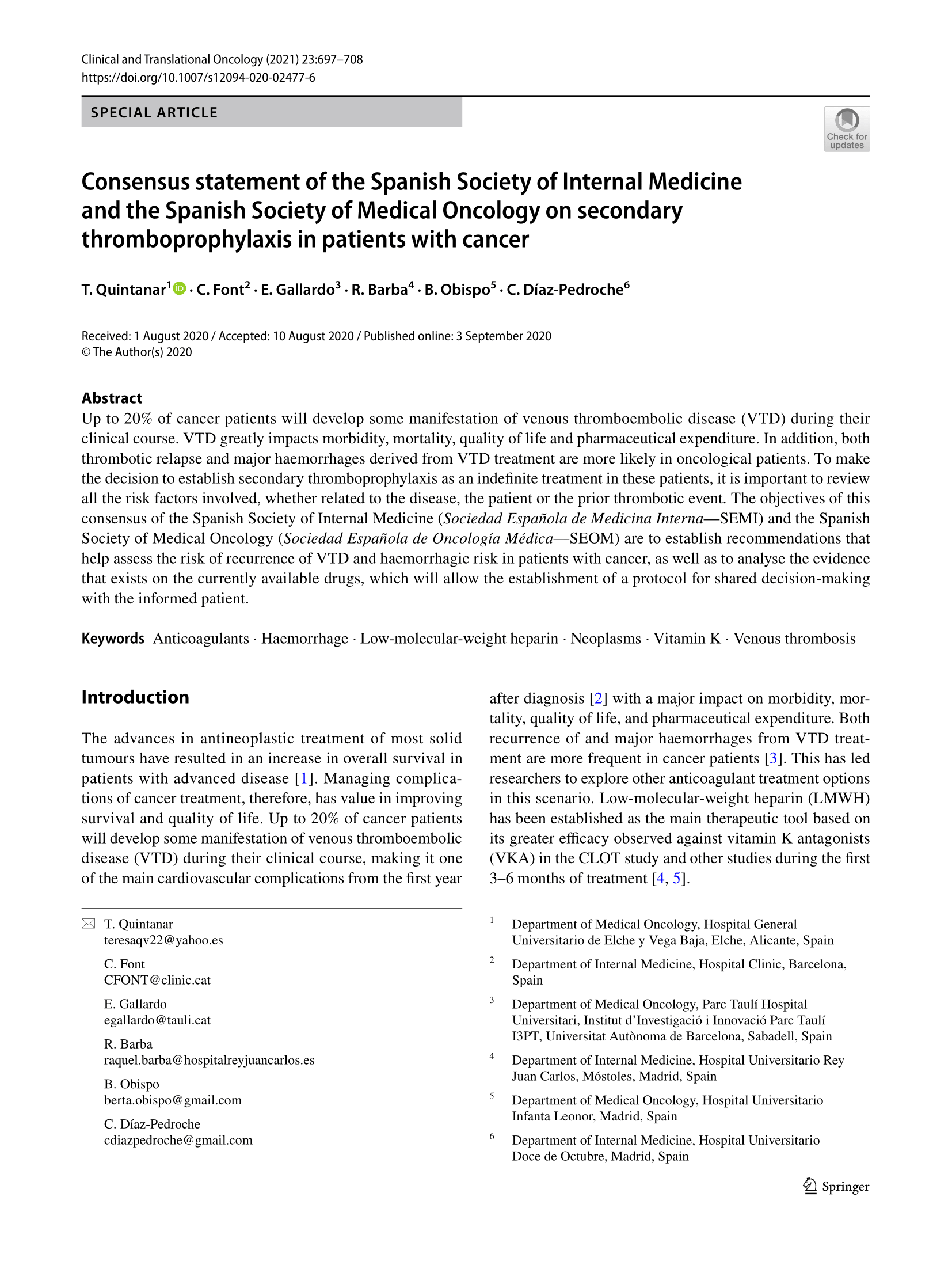 Tromboprofilaxis secundaria en pacientes con cáncer