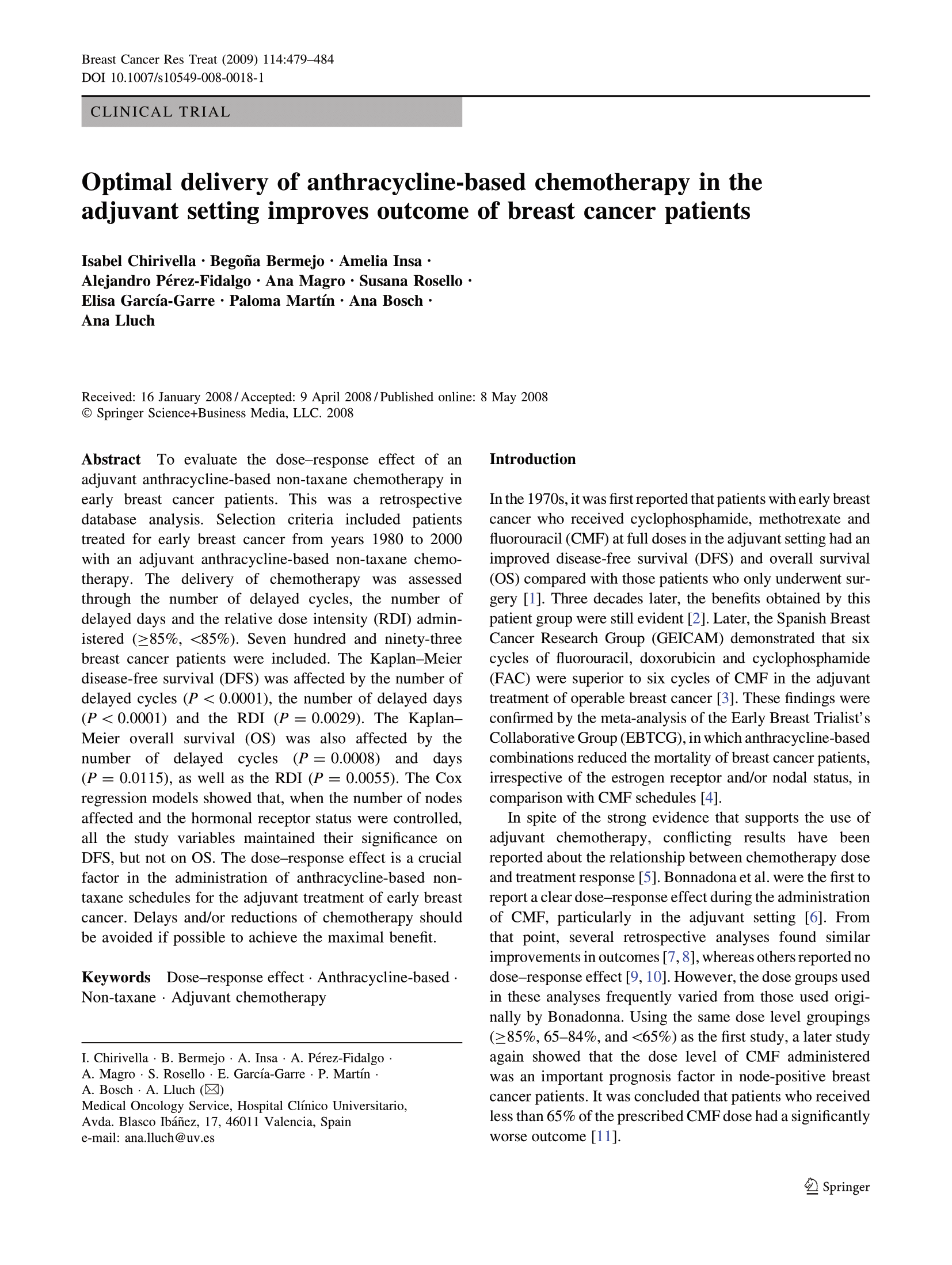 Anthracycline-based adjuvant chemotherapy in breast cancer